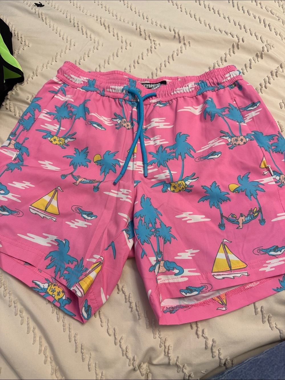 Kids Pink Tropical Print Swim Trunks with Blue Drawstring
